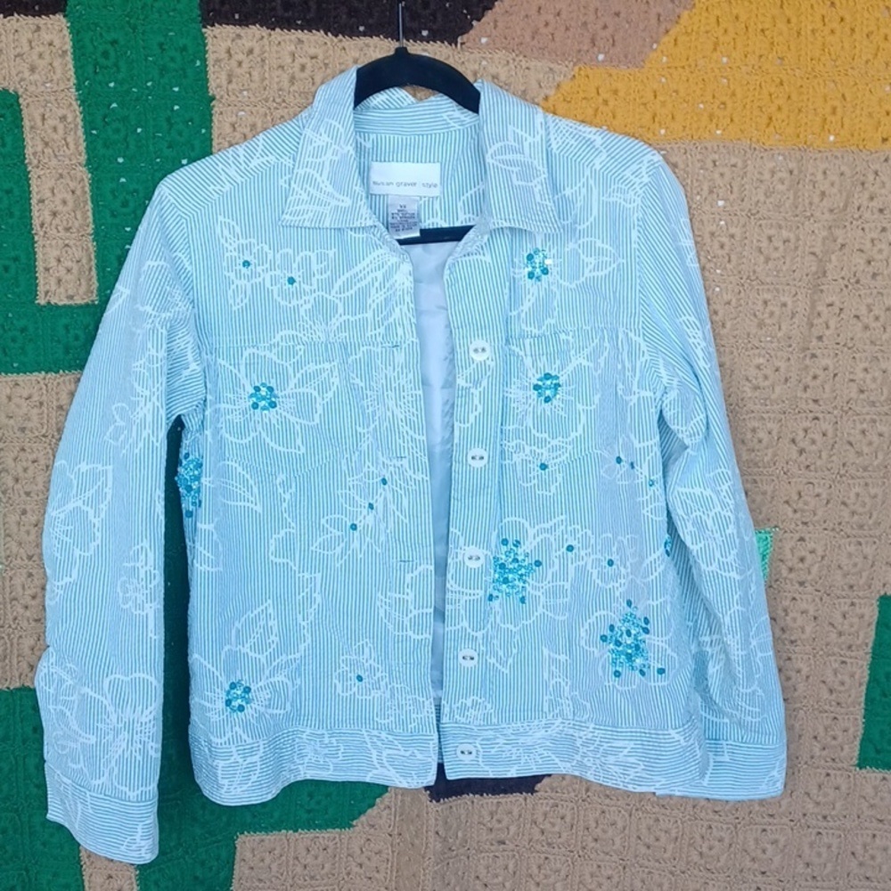 Susan Graver Blue Seersucker Floral Sequined Lined Jacket, XS, 19" PTP, 22" L